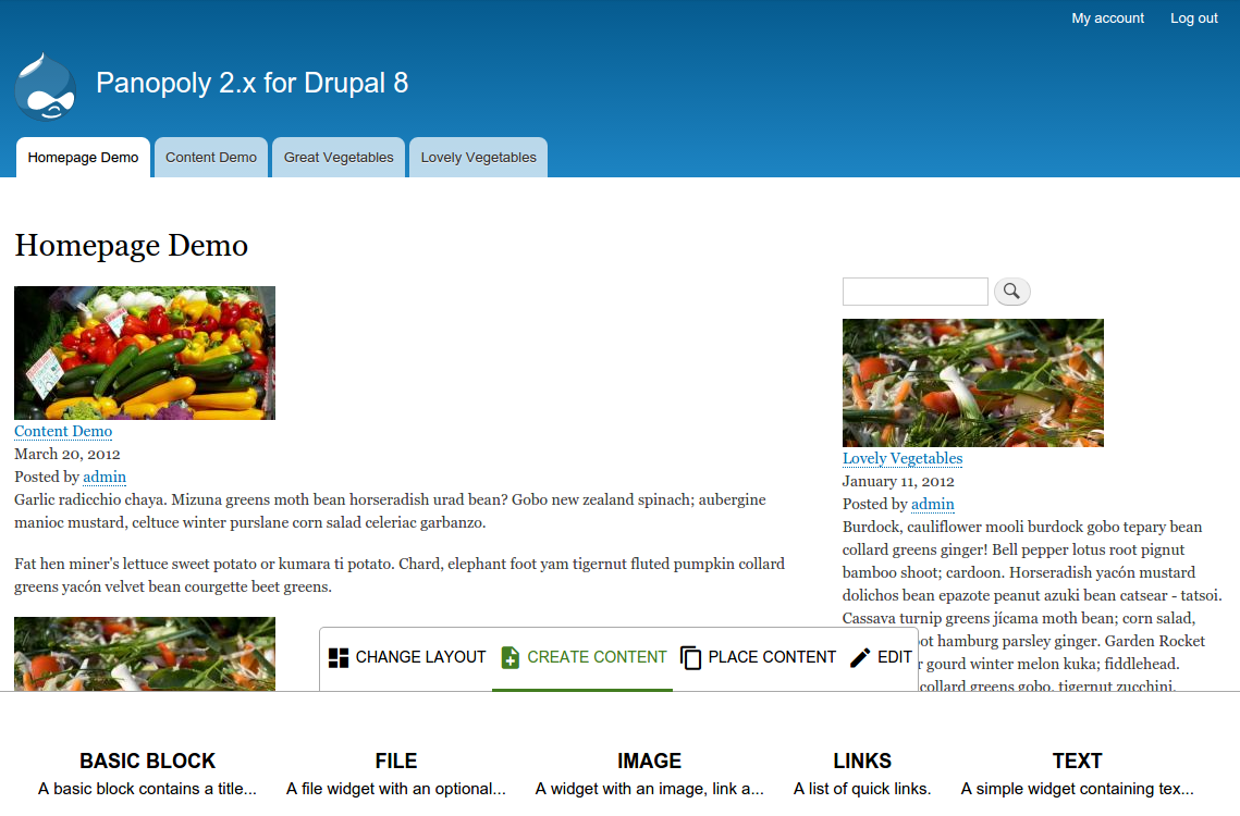 Drupal 8 Panopoly launch page