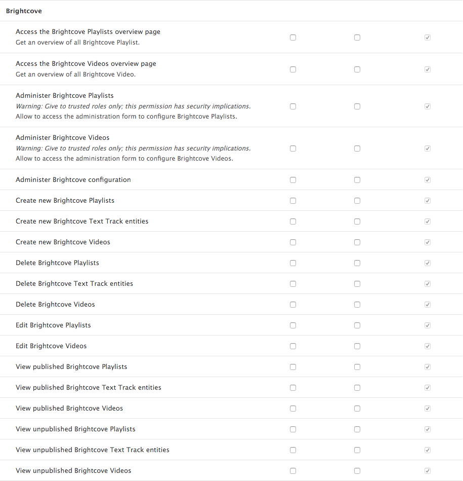 Brightcove Drupal 8 integration module permissions