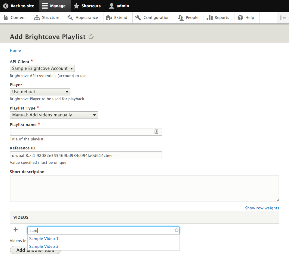 Brightcove manual playlist management Drupal 8 UI 