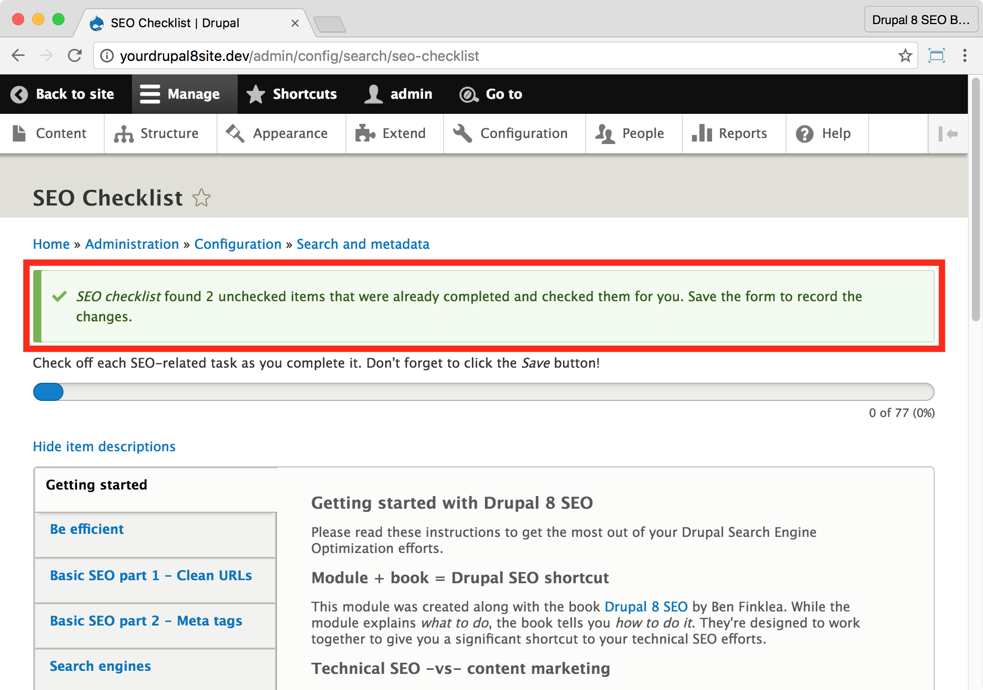 Drupal 8 SEO checklist admin interface