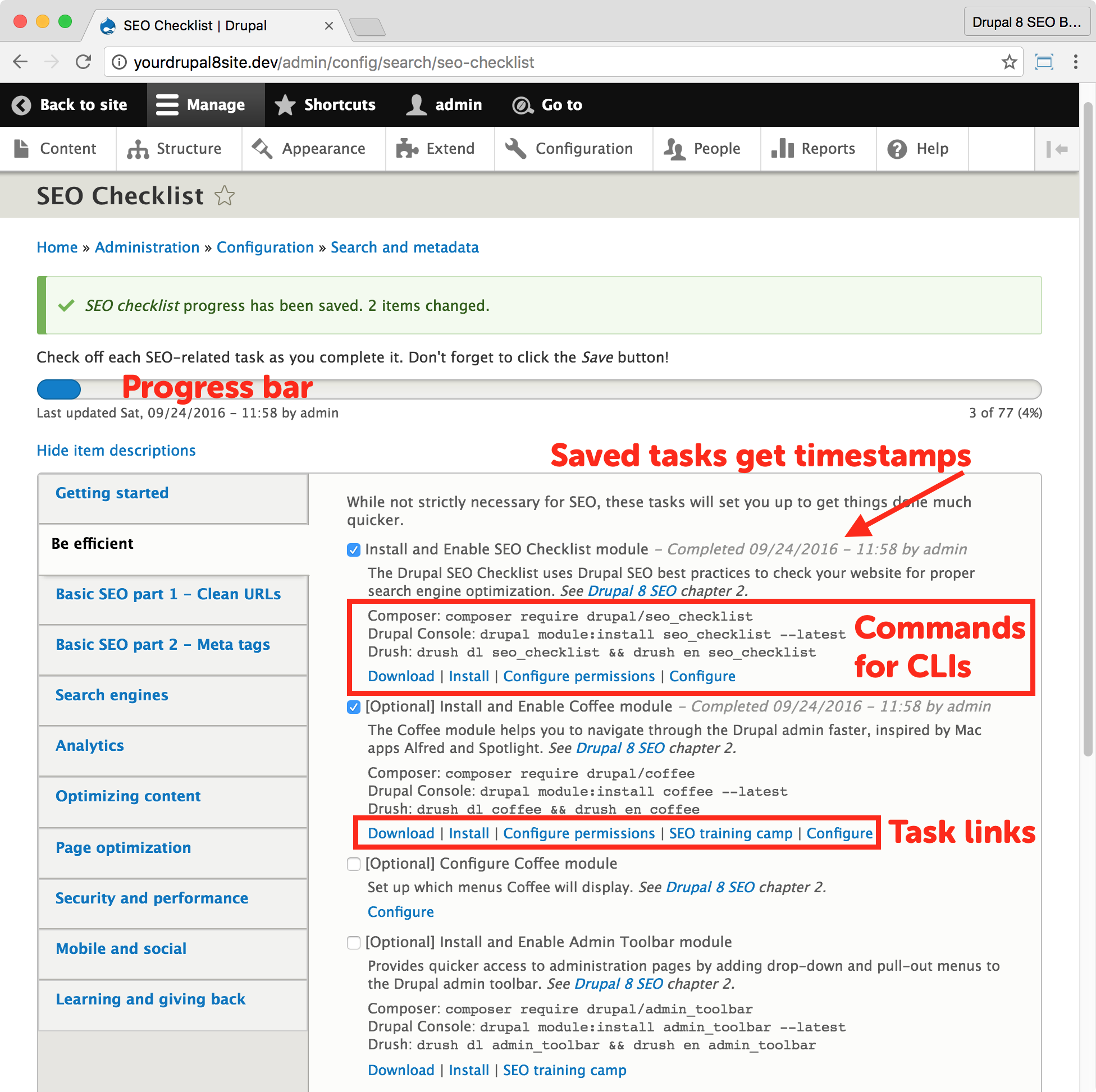 Drupal 8 SEO checklist progress bar