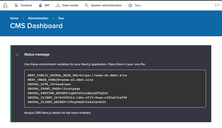 screenshot of Next.js environment variables generated from Acquia CMS