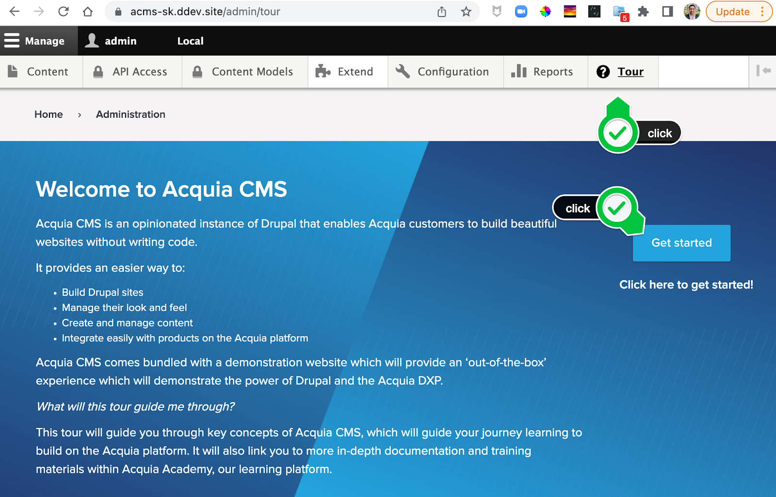 How to access Acquia CMS Tour Get started