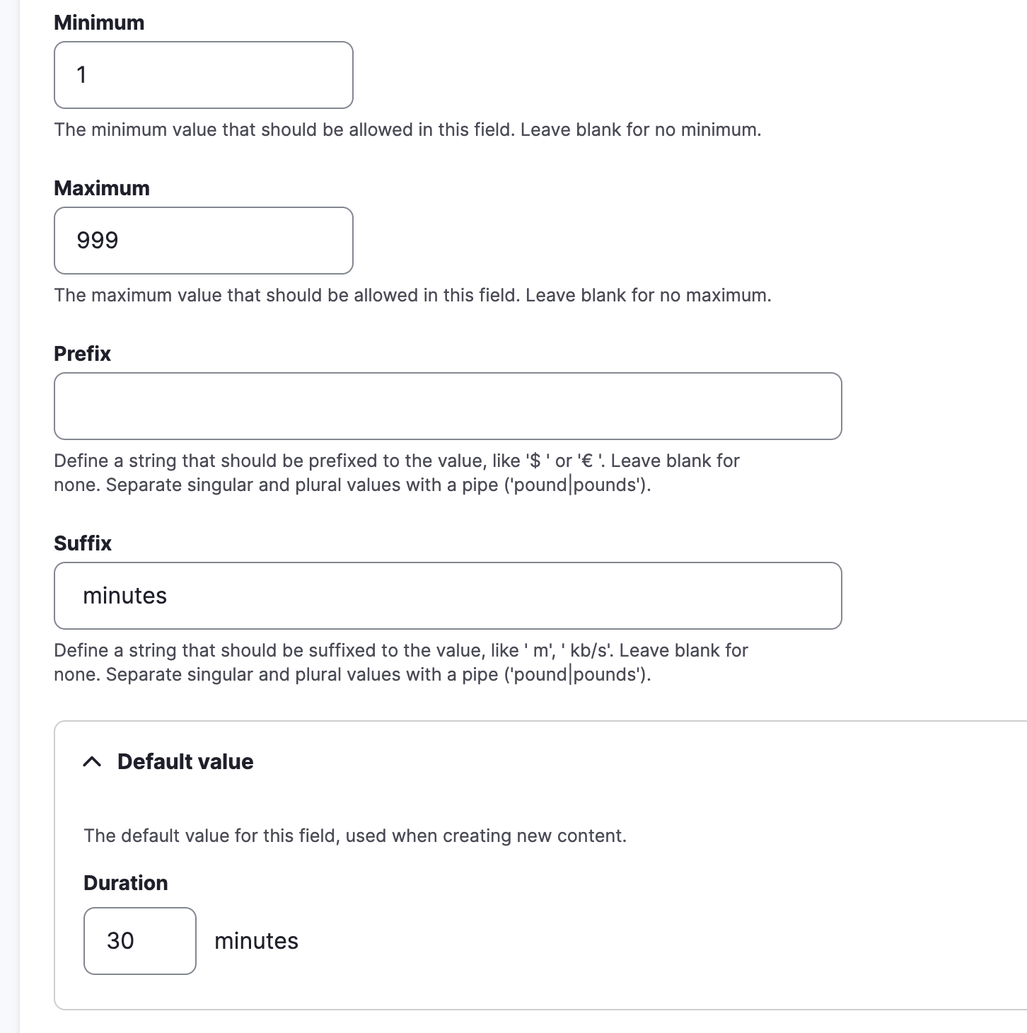 Form options for the Duration integer field