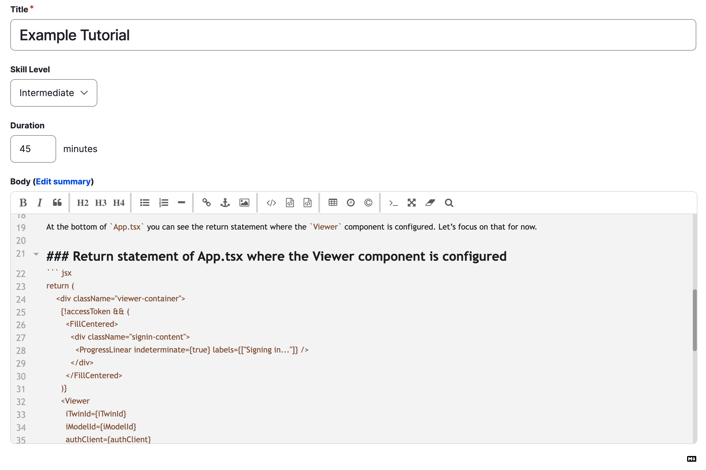 The finished form for adding tutorials using Markdown