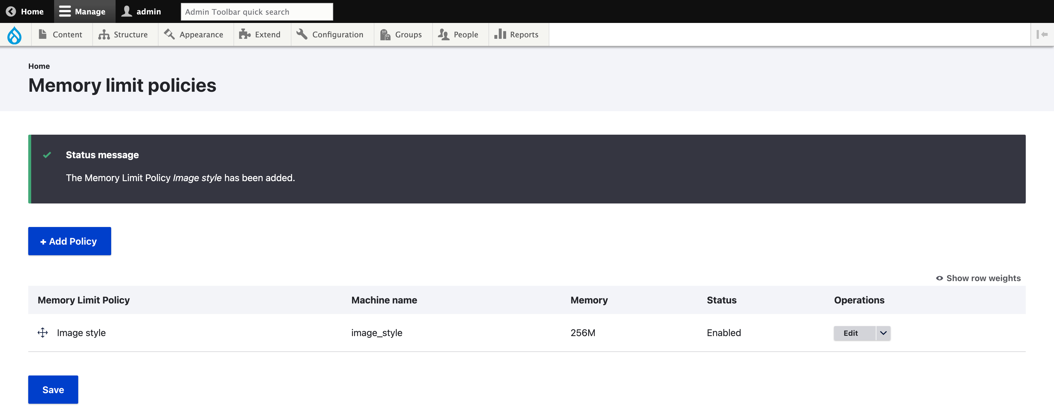 Memory limit policy - list policies 2