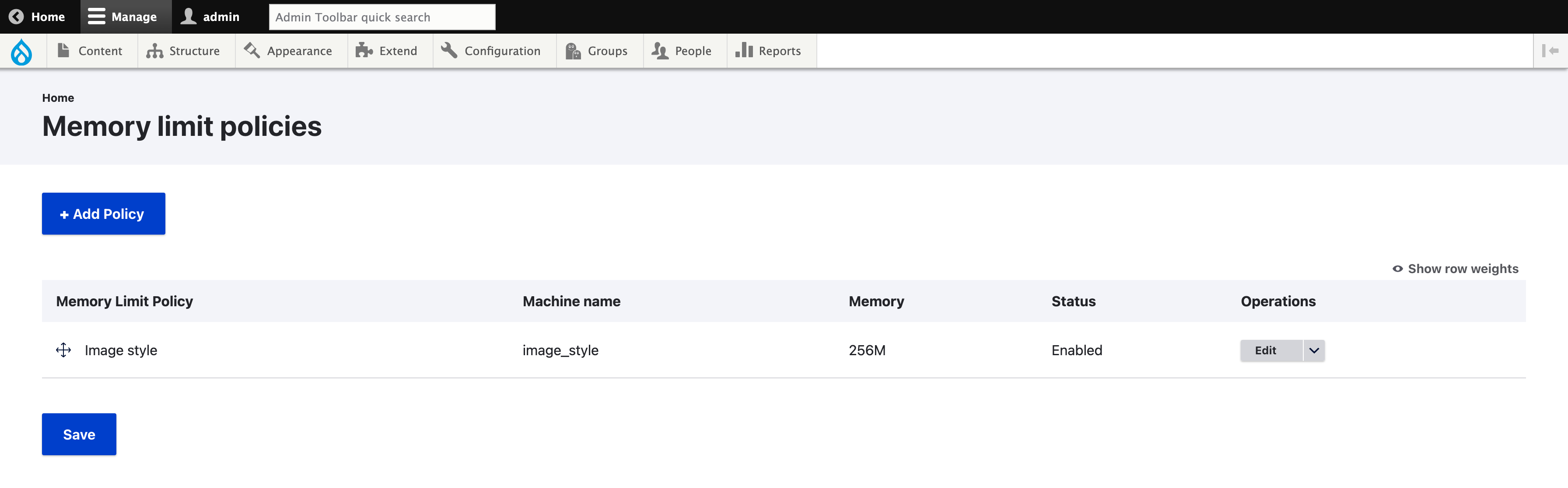 Memory limit policy - list policies