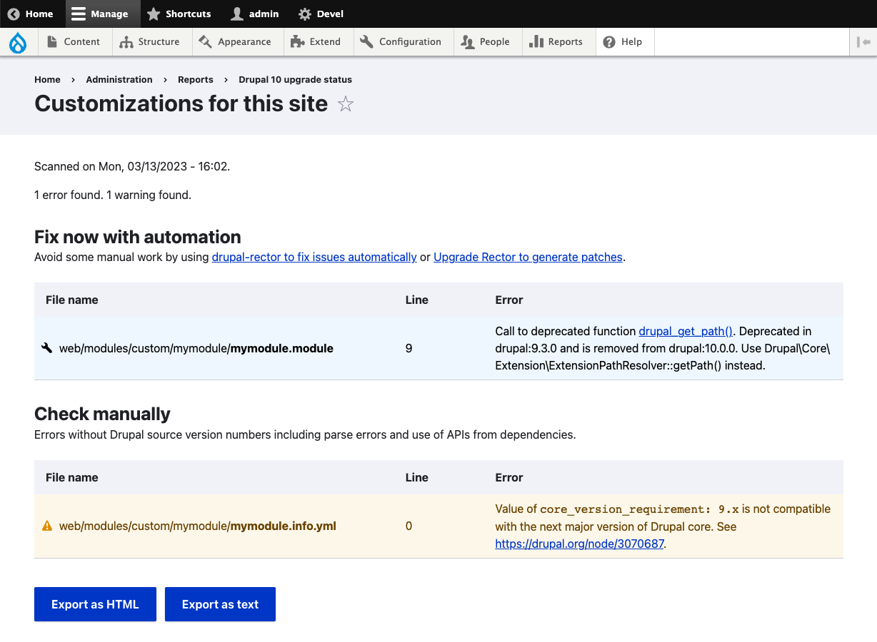 Upgrade Status results for custom module