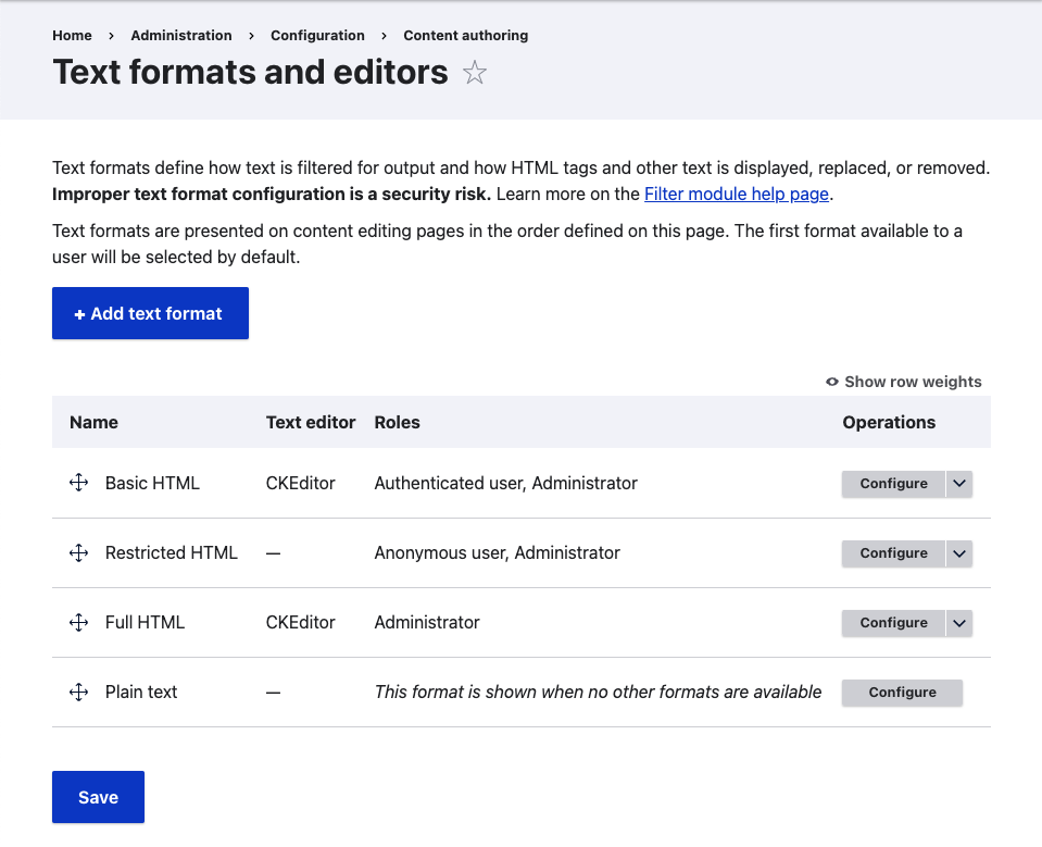 Text formats page screenshot