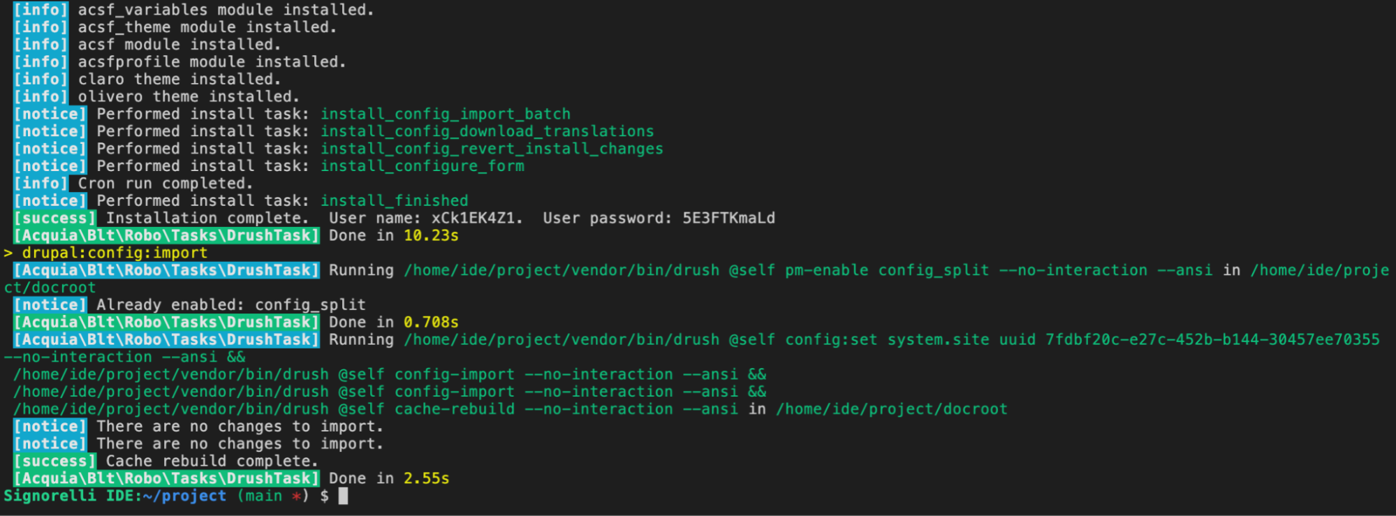 Successful Drupal installation with no configuration differences.