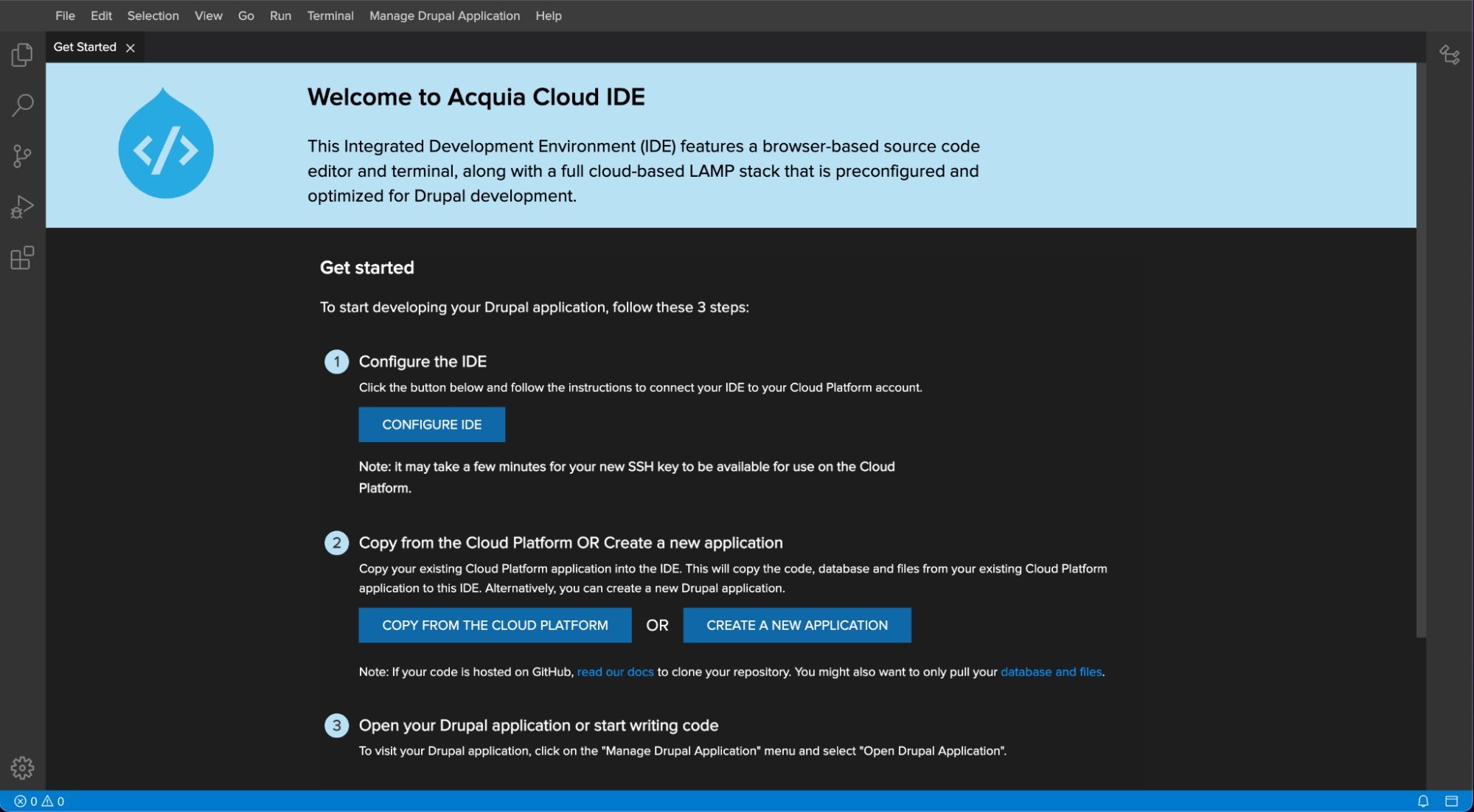 Cloud IDE showing the Get Started page.