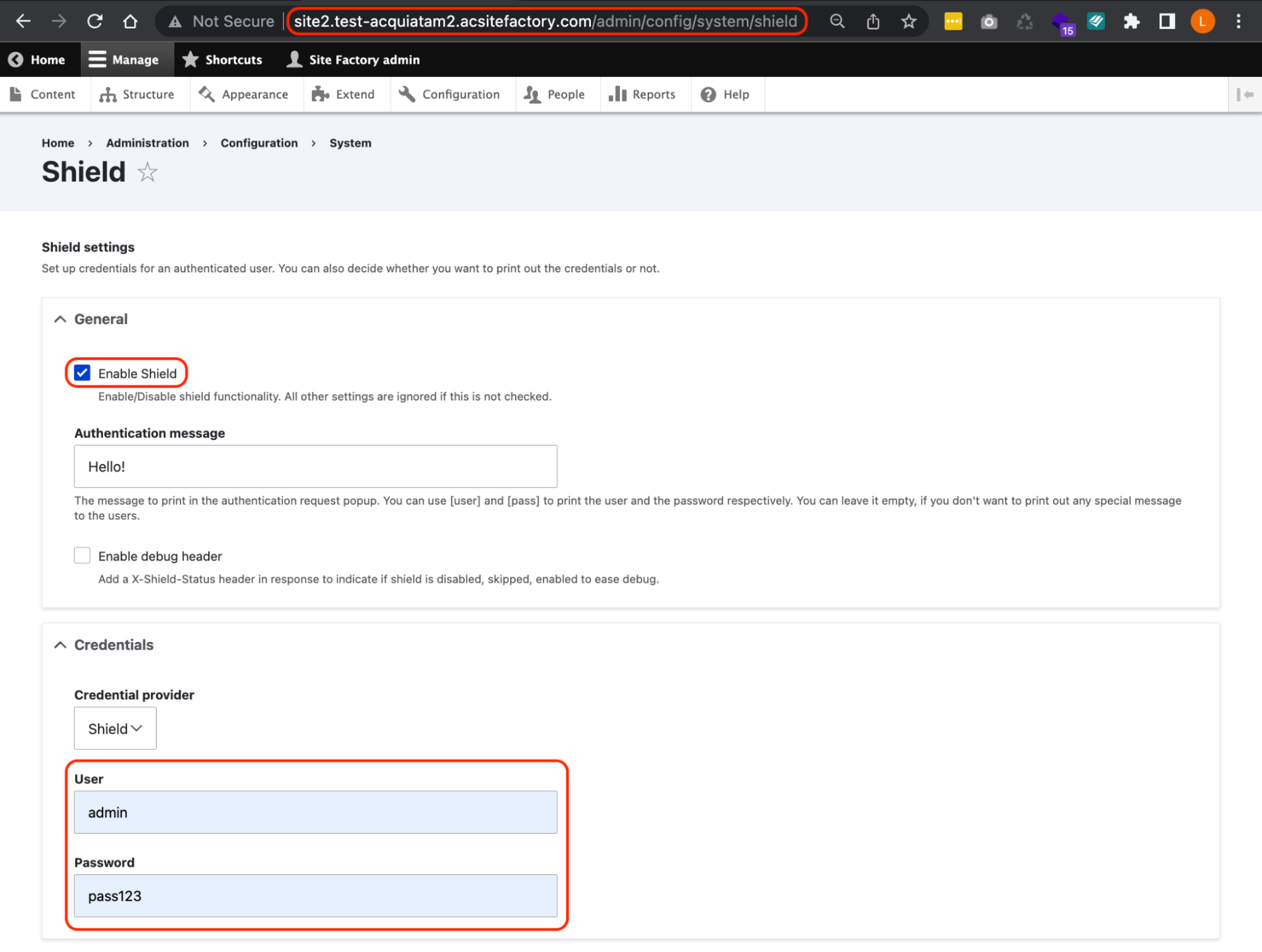 Activate and configure the Shield module on one of your ACSF sites.