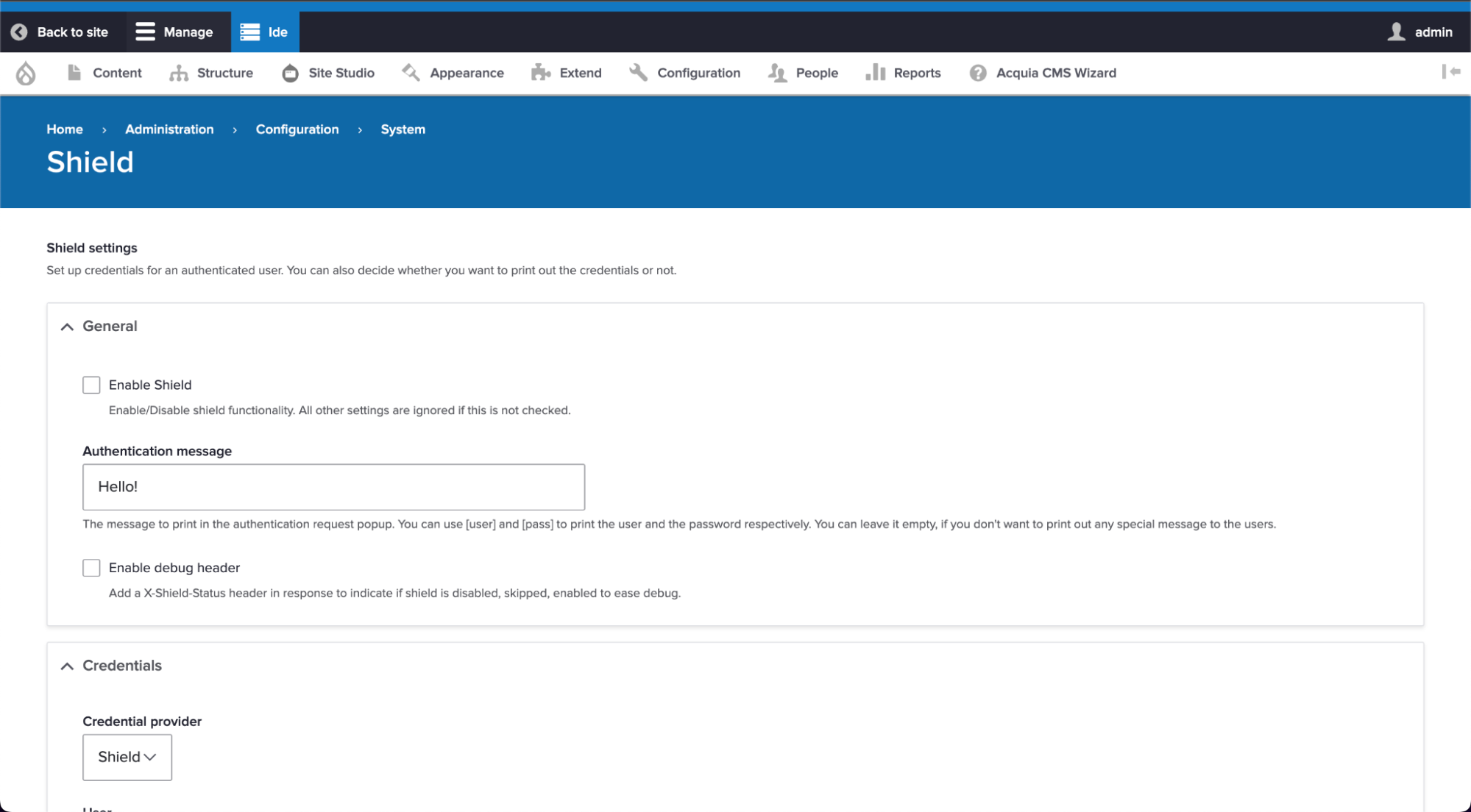 Go to the Shield module configuration page to make sure the module was installed and enabled successfully.