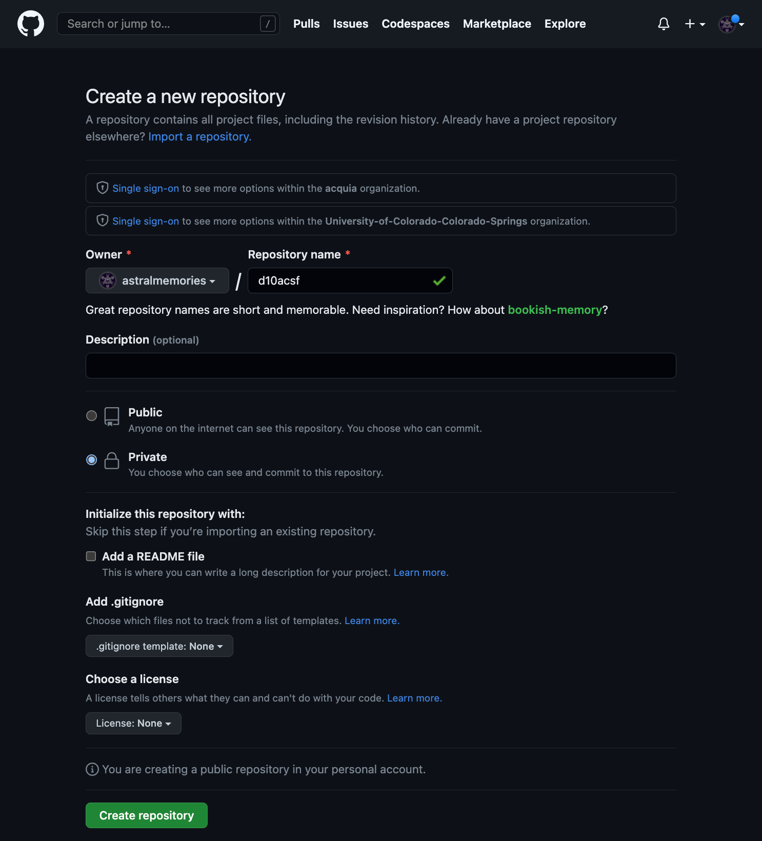 Creating a new repository on GitHub.