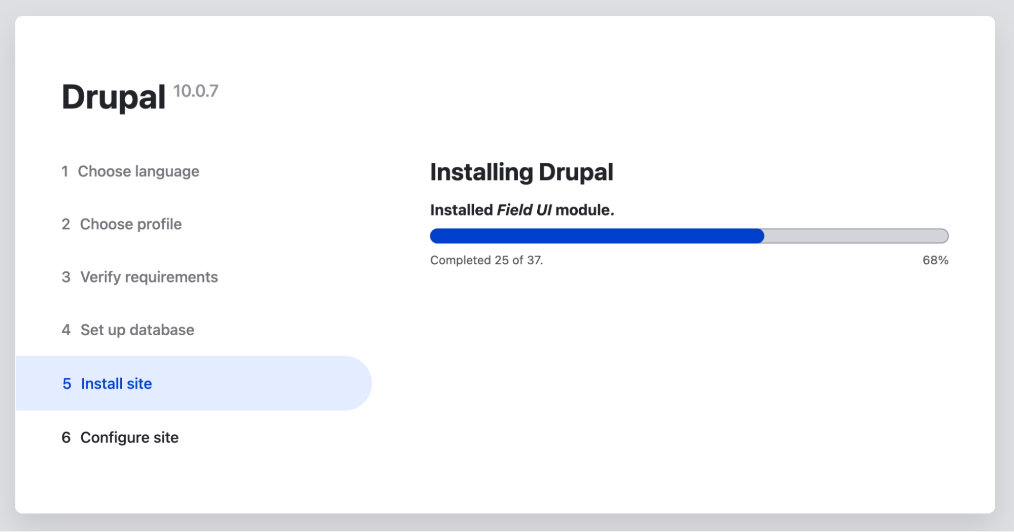 Screen showing the installation progress of a new Drupal 10 site.