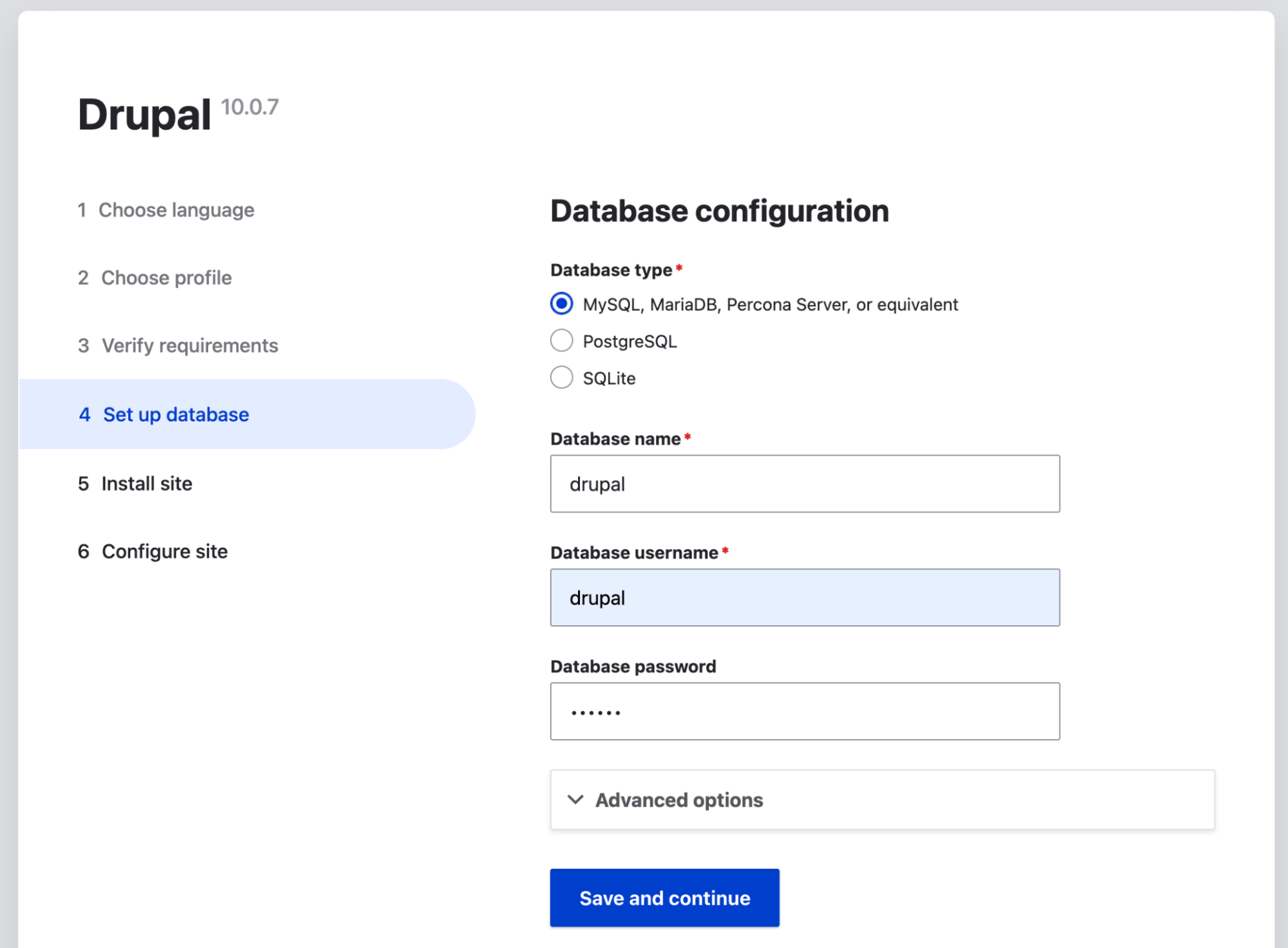 Screen showing the database configuration for a new Drupal 10 site.