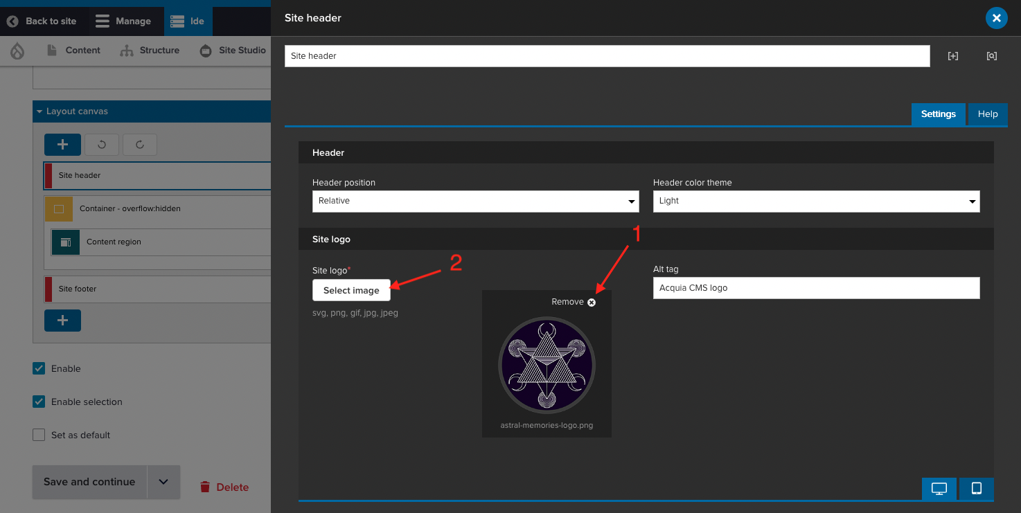 Double click the Site header component to replace the existing Site logo with a new one