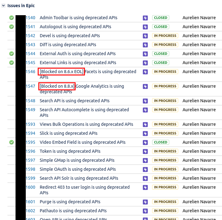 Sampl Jira EPIC to track deprecated API-related issues