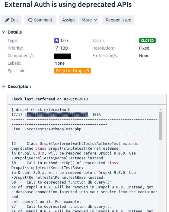 Sample Jira ticket to track Drupal Check status